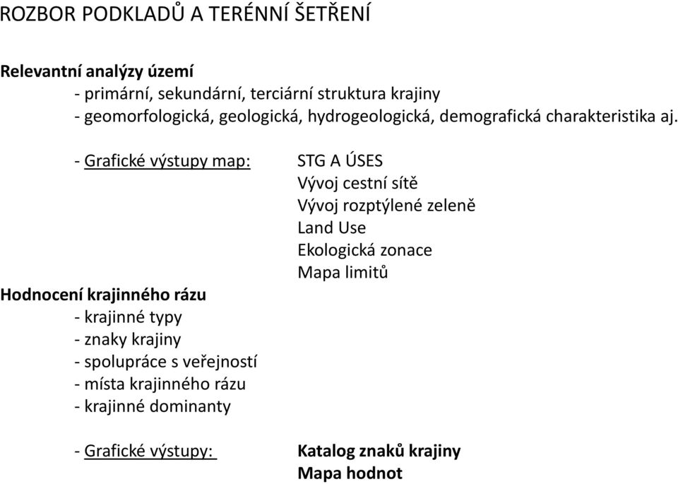 - Grafické výstupy map: STG A ÚSES Vývoj cestní sítě Vývoj rozptýlené zeleně Land Use Ekologická zonace Mapa limitů