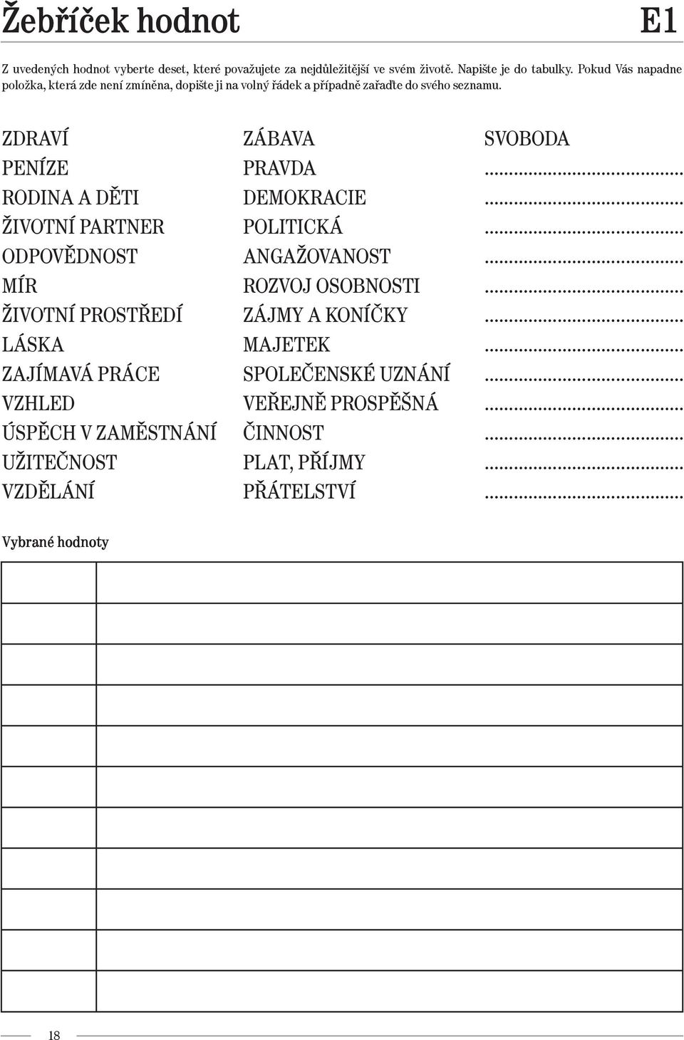 ZDRAVÍ PENÍZE RODINA A DĚTI ŽIVOTNÍ PARTNER ODPOVĚDNOST MÍR ŽIVOTNÍ PROSTŘEDÍ LÁSKA ZAJÍMAVÁ PRÁCE VZHLED ÚSPĚCH V ZAMĚSTNÁNÍ UŽITEČNOST VZDĚLÁNÍ