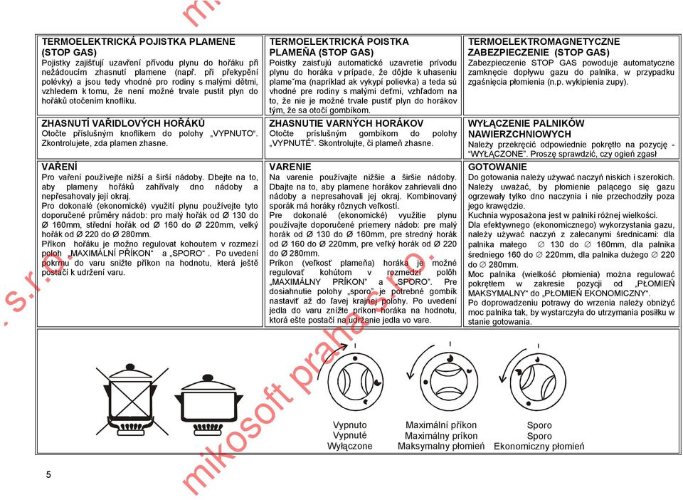 ZHASNUTÍ VAŘIDLOVÝCH HOŘÁKŮ Otočte příslušným knoflíkem do polohy VYPNUTO. Zkontrolujete, zda plamen zhasne. VAŘENÍ Pro vaření používejte nižší a širší nádoby.