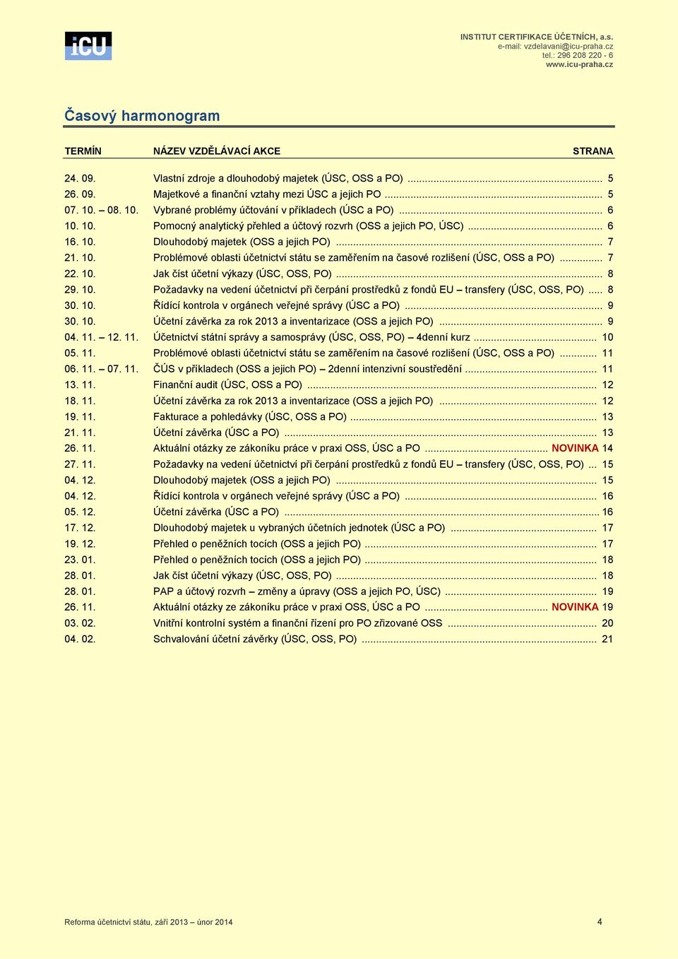 .. 7 22. 10. Jak číst účetní výkazy (ÚSC, OSS, PO)... 8 29. 10. Požadavky na vedení účetnictví při čerpání prostředků z fondů EU transfery (ÚSC, OSS, PO)... 8 30. 10. Řídící kontrola v orgánech veřejné správy (ÚSC a PO).