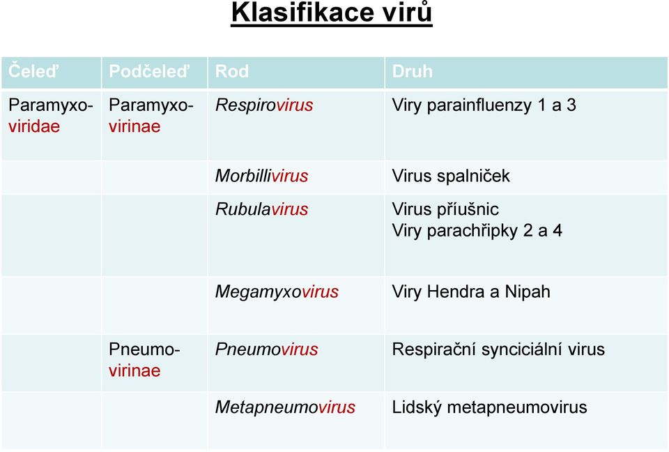 Megamyxovirus Viry Hendra a Nipah Paramyxoviridae Paramyxovirinae Pneumovirinae