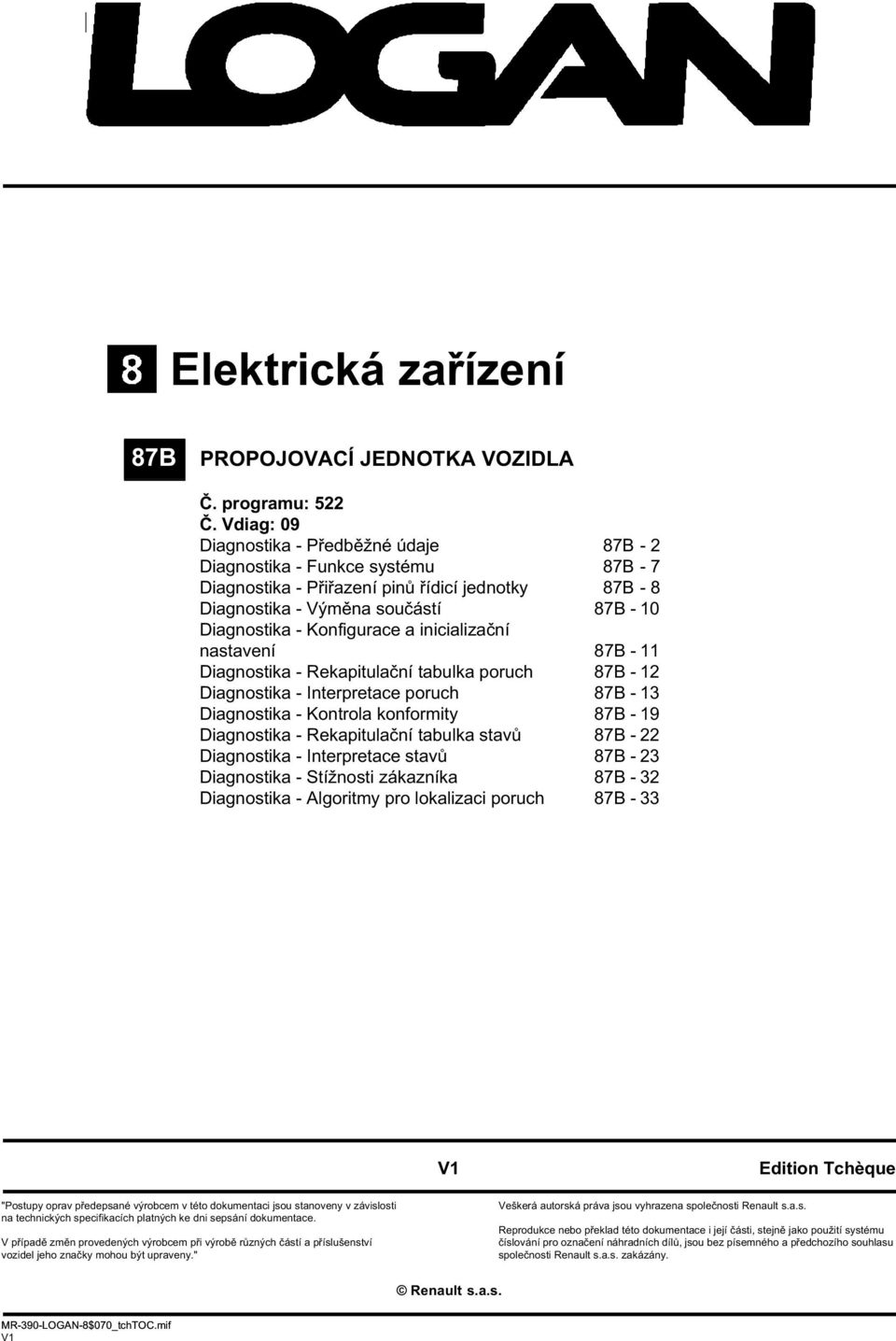 inicializační nastavení - 11 Diagnostika - Rekapitulační tabulka poruch - 12 Diagnostika - Interpretace poruch - 13 Diagnostika - Kontrola konformity - 19 Diagnostika - Rekapitulační tabulka stavů -