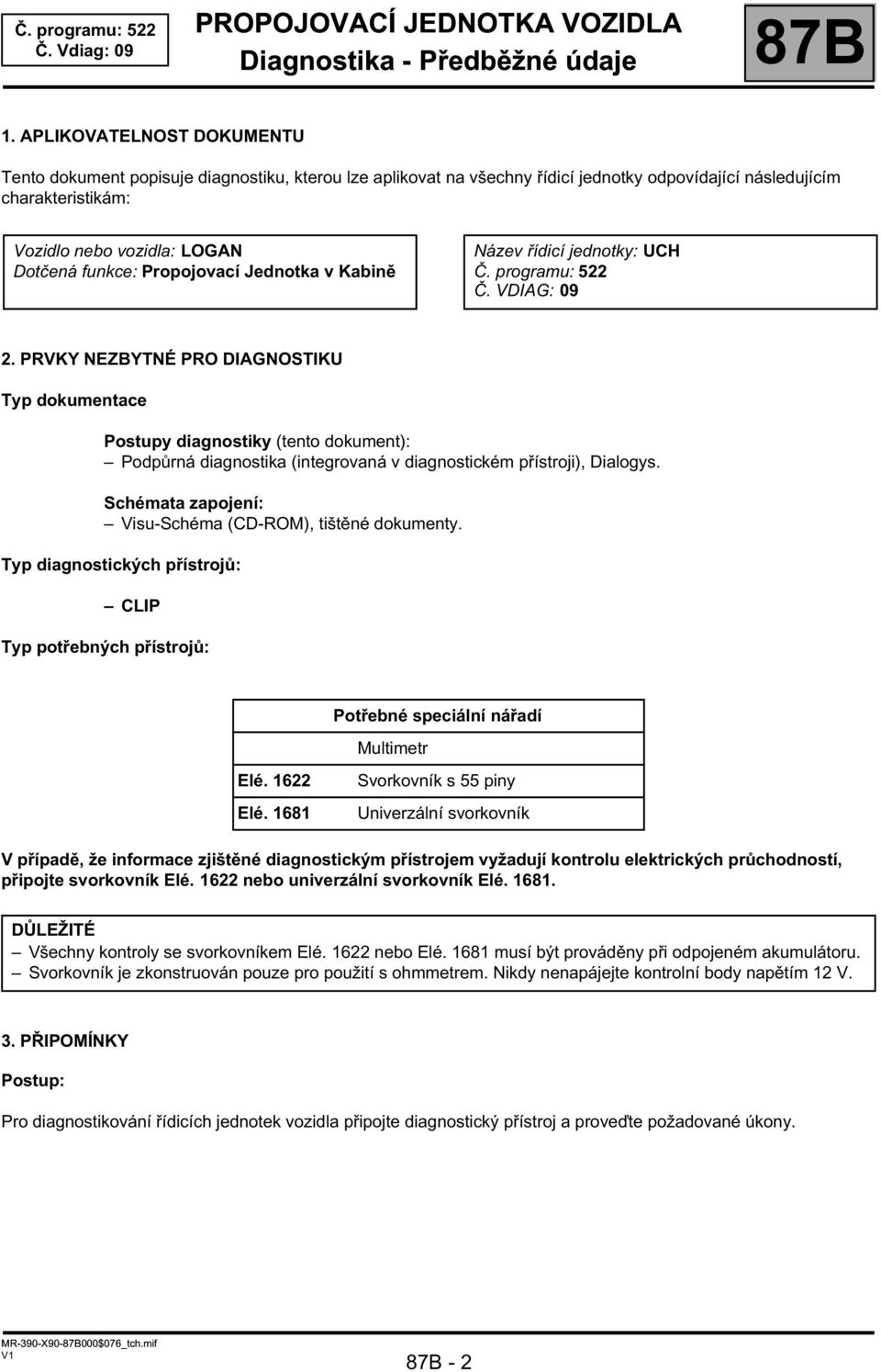 Propojovací Jednotka v Kabině Název řídicí jednotky: UCH Č. programu: 522 Č. VDIAG: 09 2.