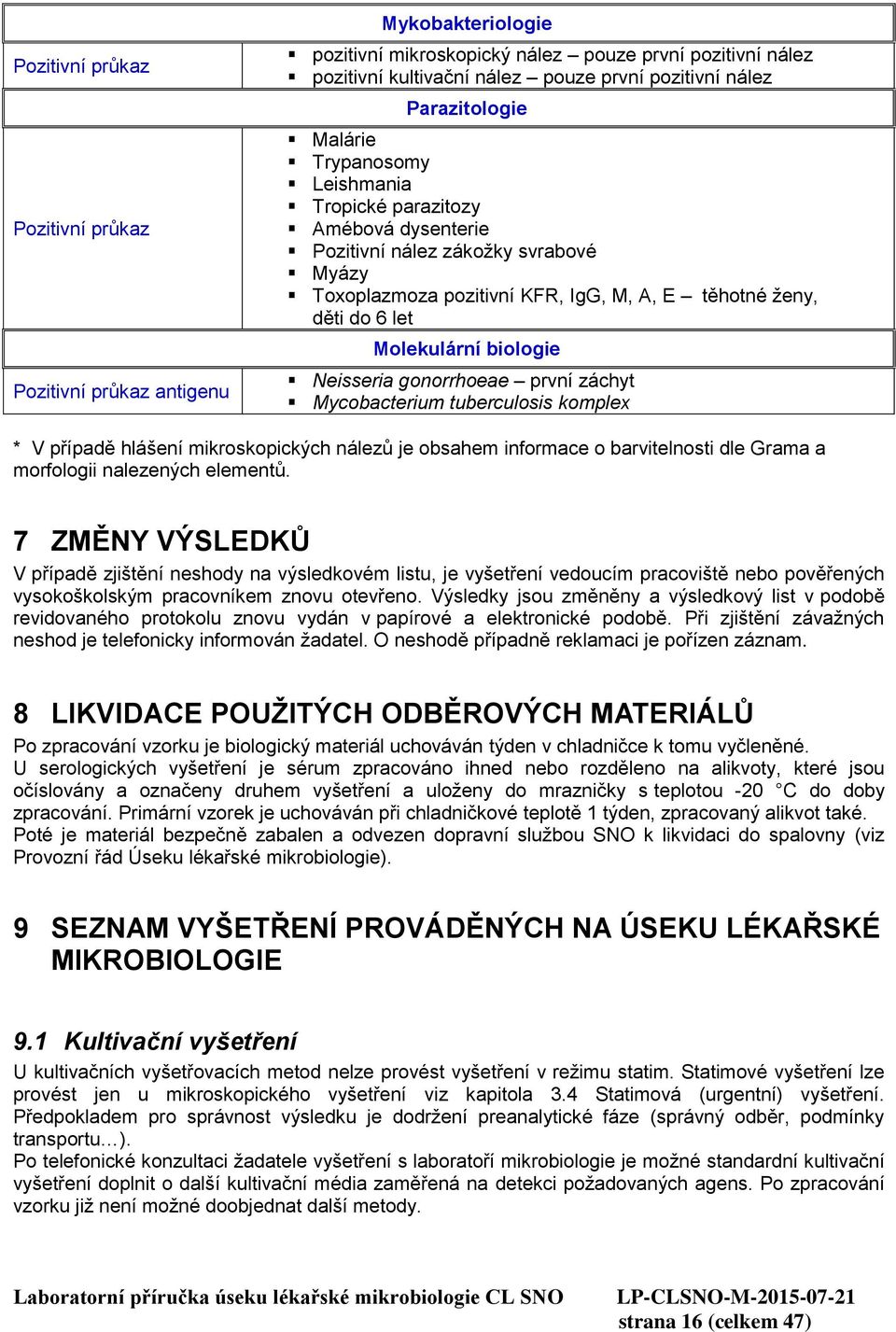 Molekulární biologie Neisseria gonorrhoeae první záchyt Mycobacterium tuberculosis komplex * V případě hlášení mikroskopických nálezů je obsahem informace o barvitelnosti dle Grama a morfologii