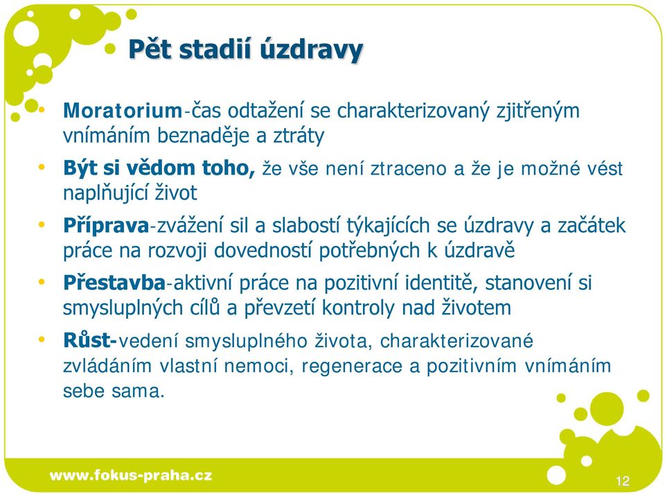 dovedností potřebných k úzdravě Přestavba-aktivní práce na pozitivní identitě, stanovení si smysluplných cílů a převzetí kontroly