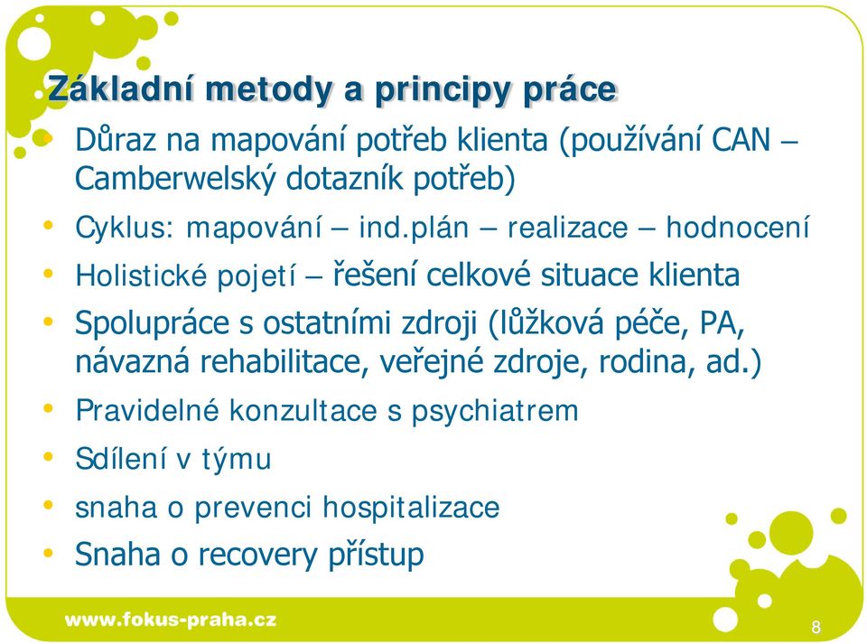 plán realizace hodnocení Holistické pojetí řešení celkové situace klienta Spolupráce s ostatními