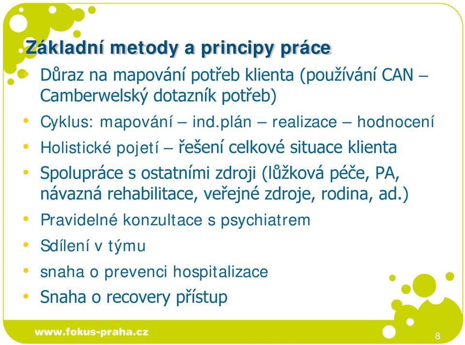 plán realizace hodnocení Holistické pojetí řešení celkové situace klienta Spolupráce s ostatními