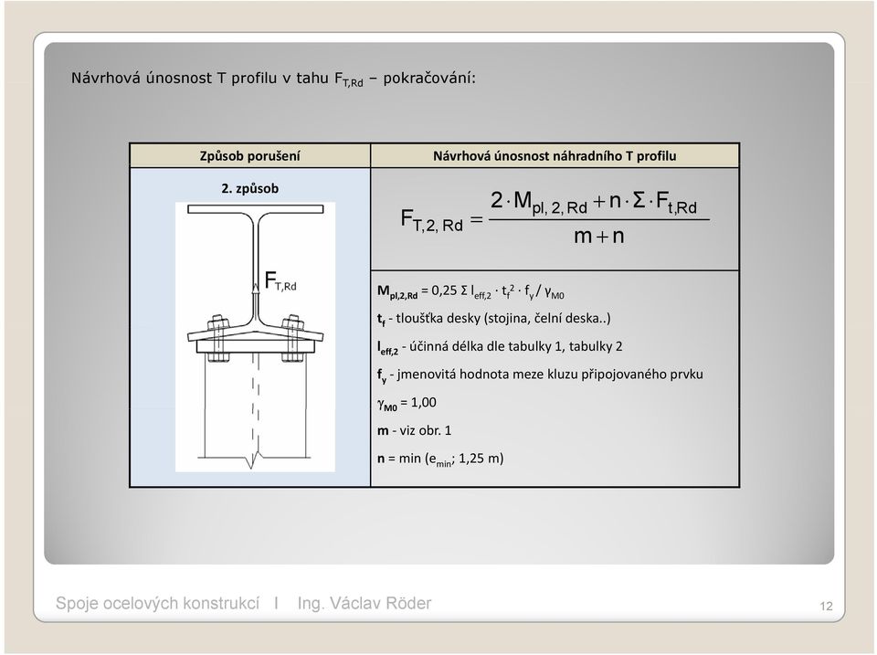 způsob T,2, Rd = 2 M pl, 2, Rd + n Σ m + n t,rd M pl,2,rd = 0,25 Σ l eff,2 t f2 f y / γ M0 t f