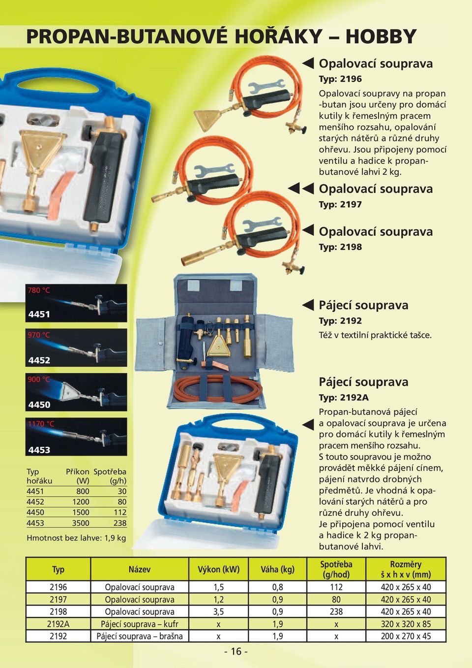 Opalovací souprava Typ: 2197 Opalovací souprava Typ: 2198 780 C 4451 970 C Pájecí souprava Typ: 2192 Též v textilní praktické tašce.