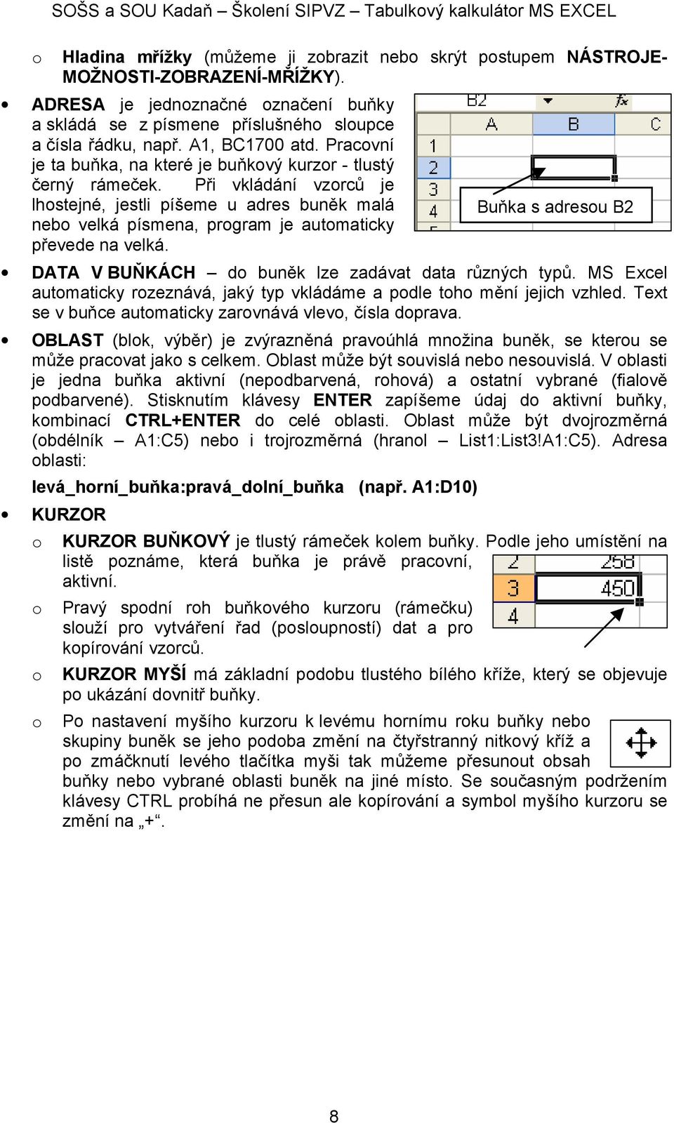 Při vkládání vzrců je lhstejné, jestli píšeme u adres buněk malá neb velká písmena, prgram je autmaticky převede na velká. DATA V BUŇKÁCH d buněk lze zadávat data různých typů.