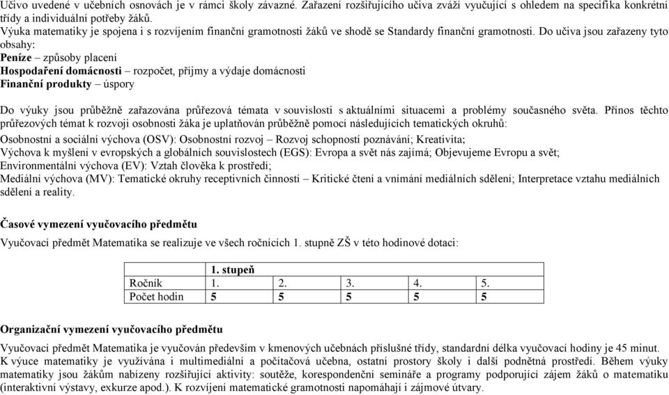 Do učiva jsou zařazeny tyto obsahy: Peníze způsoby placení Hospodaření domácnosti rozpočet, příjmy a výdaje domácnosti Finanční produkty úspory Do výuky jsou průběžně zařazována průřezová témata v