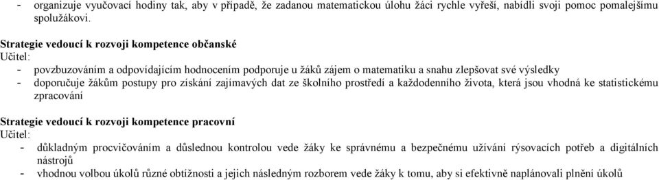 pro získání zajímavých dat ze školního prostředí a každodenního života, která jsou vhodná ke statistickému zpracování Strategie vedoucí k rozvoji kompetence pracovní Učitel: - důkladným