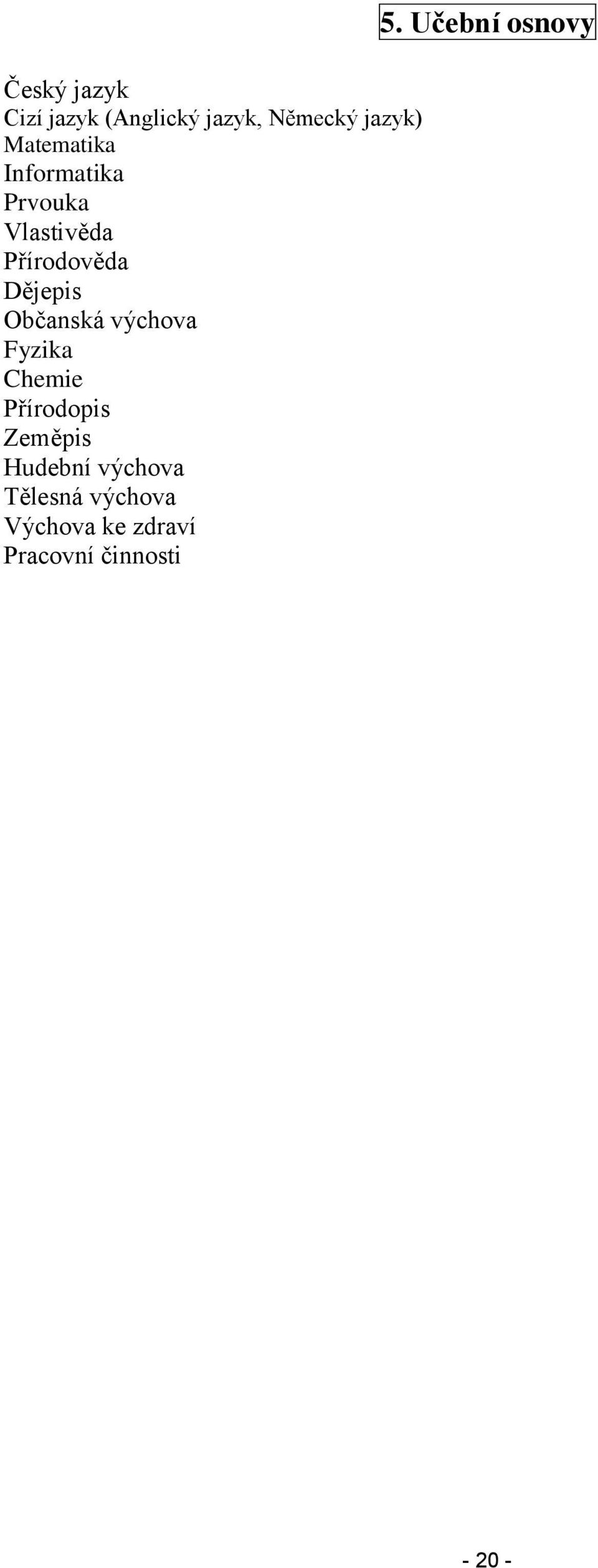 Občanská výchva Fyzika Chemie Přírdpis Zeměpis Hudební