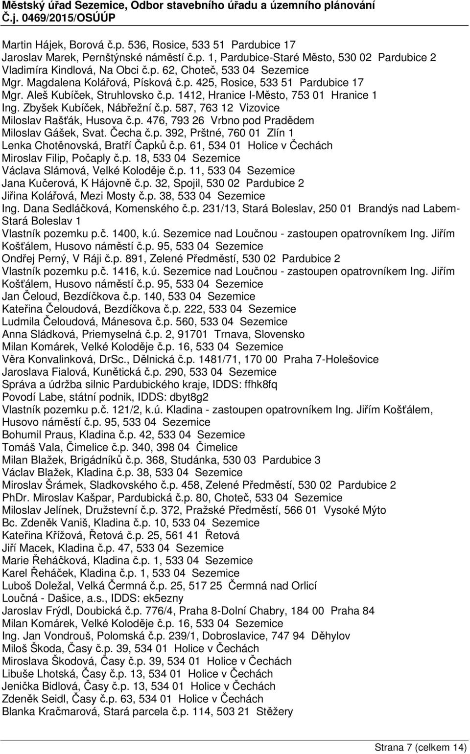 p. 476, 793 26 Vrbno pod Pradědem Miloslav Gášek, Svat. Čecha č.p. 392, Prštné, 760 01 Zlín 1 Lenka Chotěnovská, Bratří Čapků č.p. 61, 534 01 Holice v Čechách Miroslav Filip, Počaply č.p. 18, 533 04 Sezemice Václava Slámová, Velké Koloděje č.