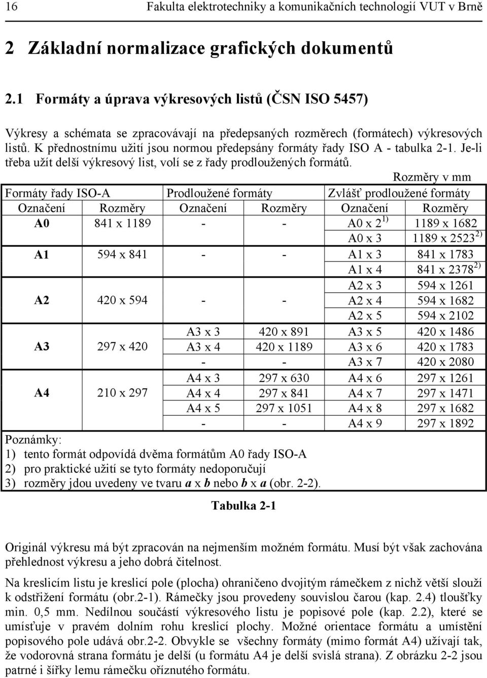 K přednostnímu užití jsou normou předepsány formáty řady ISO A - tabulka 2-1. Je-li třeba užít delší výkresový list, volí se z řady prodloužených formátů.