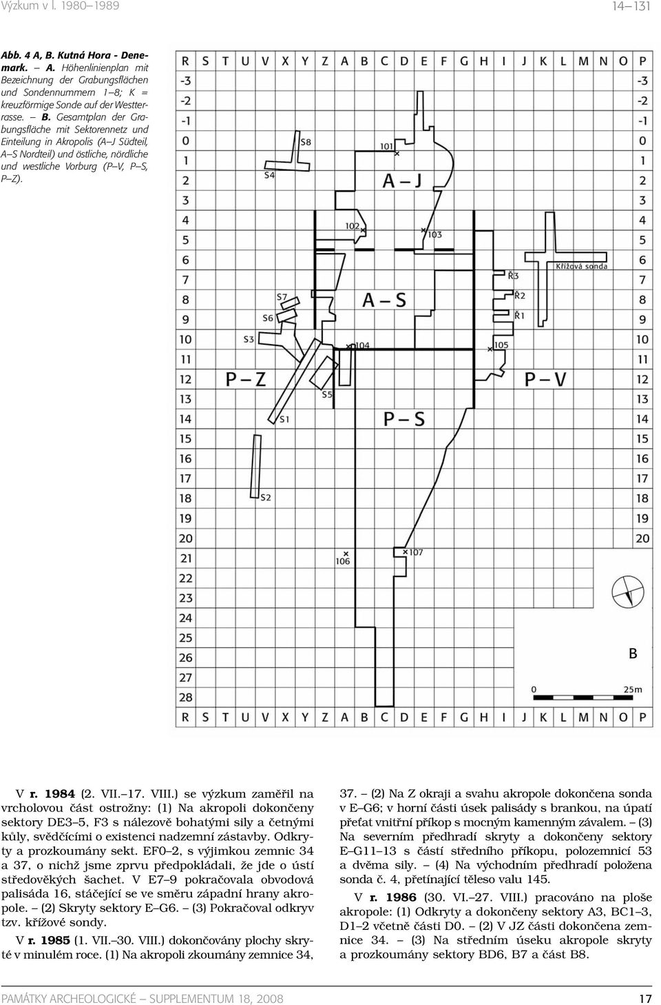 zeichnung der Grabungsflächen und Sondennummern 1 8; K = kreuzförmige Sonde auf der Westterrasse. B.