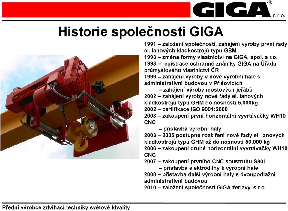 ečnosti GIGA 1991 založení společnosti, zahájení výroby první řady el. lanových kladkostrojů typu GSM 1993 změna formy vlastnictví na GIGA, spol. s r.o. 1993 registrace ochranné známky GIGA na Úřadu