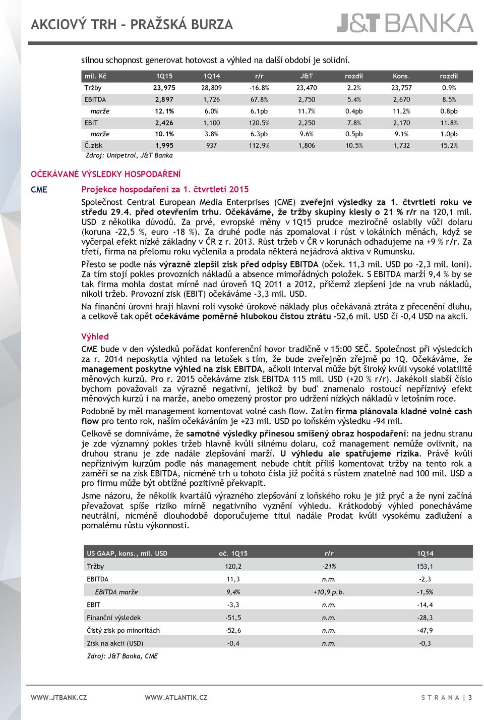 zisk 1,995 937 112.9% 1,806 10.5% 1,732 15.2% Zdroj: Unipetrol, J&T Banka OČEKÁVANÉ VÝSLEDKY HOSPODAŘENÍ CME Projekce hospodaření za 1.