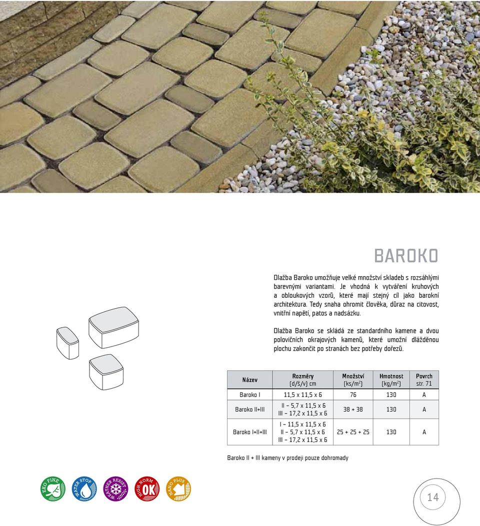 Dlažba Baroko se skládá ze standardního kamene a dvou polovičních okrajových kamenů, které umožní dlážděnou plochu zakončit po stranách bez potřeby dořezů.