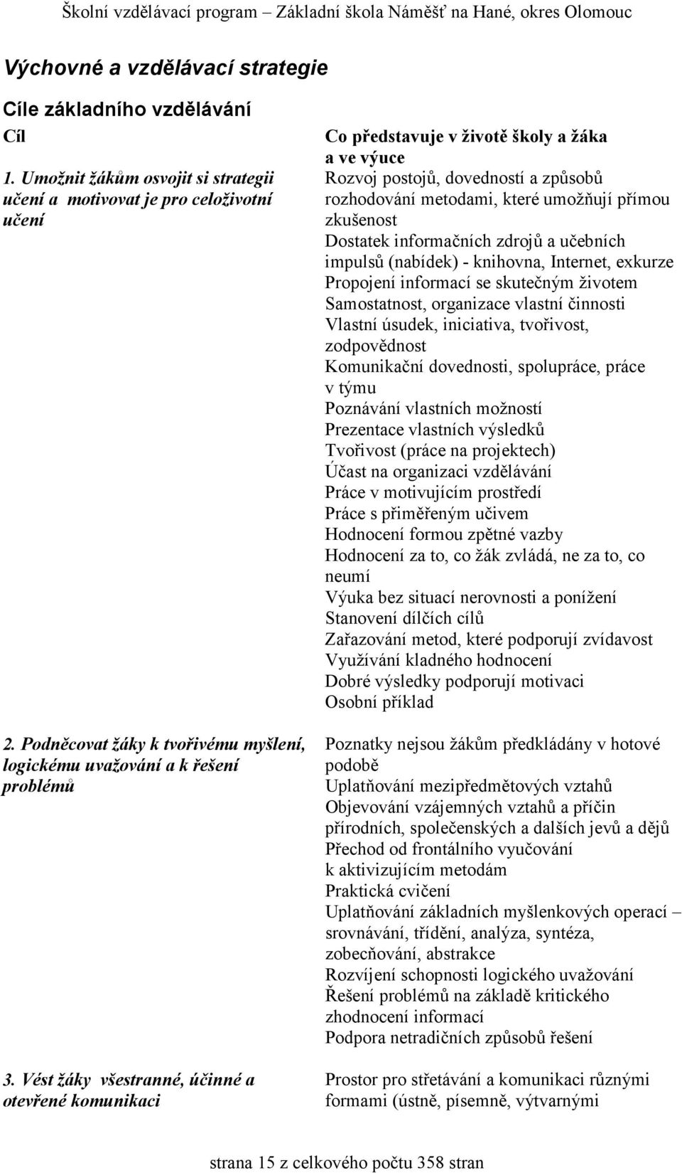 Vést žáky všestranné, účinné a otevřené komunikaci Co představuje v životě školy a žáka a ve výuce Rozvoj postojů, dovedností a způsobů rozhodování metodami, které umožňují přímou zkušenost Dostatek