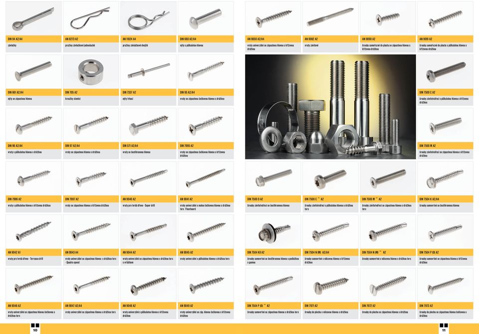 DIN 7337 A2 DIN 95 A2/A4 DIN 7500 C A2 nýty se zápustnou hlavou kroužky stavěcí nýty trhací vruty se zápustnou čočkovou hlavou s šrouby závitotvářecí s půlkulatou hlavou s křížovou DIN 96 A2/A4 DIN