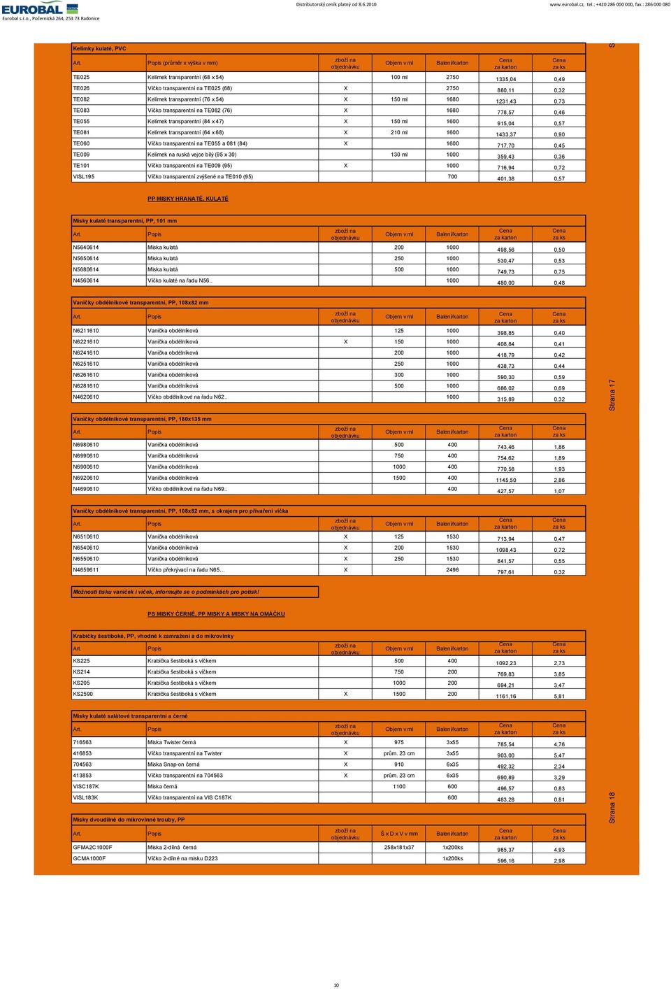 transparentní na TE055 a 081 (84) X 1600 TE009 Kelímek na ruská vejce bílý (95 x 30) 130 ml 1000 TE101 Víčko transparentní na TE009 (95) X 1000 VISL195 Víčko transparentní zvýšené na TE010 (95) 700