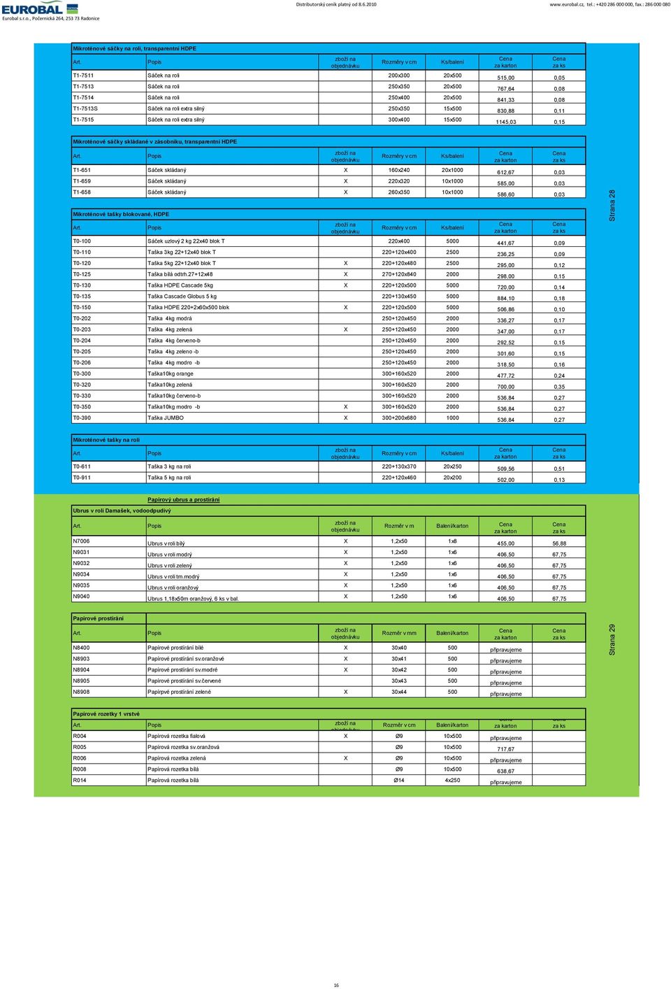 transparentní HDPE Rozměry v cm T1-651 Sáček skládaný X 160x240 20x1000 T1-659 Sáček skládaný X 220x320 10x1000 T1-658 Sáček skládaný X 260x350 10x1000 612,67 0,03 585,00 0,03 586,60 0,03 Mikroténové