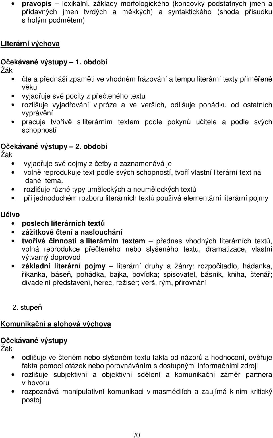 ostatních vyprávění pracuje tvořivě s literárním textem podle pokynů učitele a podle svých schopností Očekávané výstupy 2.