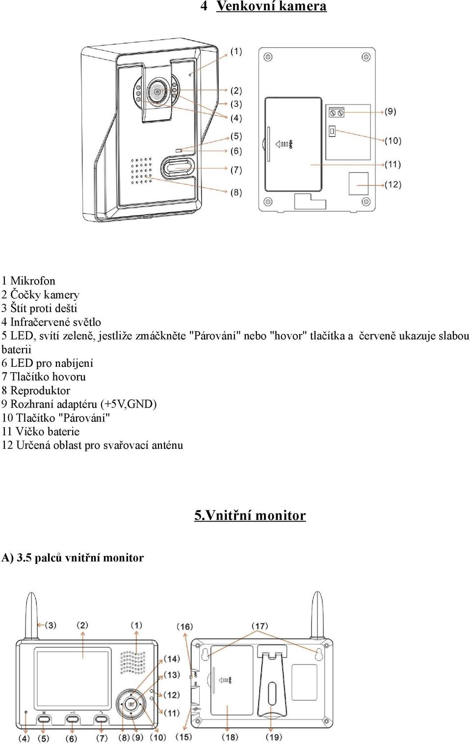 pro nabíjení 7 Tlačítko hovoru 8 Reproduktor 9 Rozhraní adaptéru (+5V,GND) 10 Tlačítko "Párování"