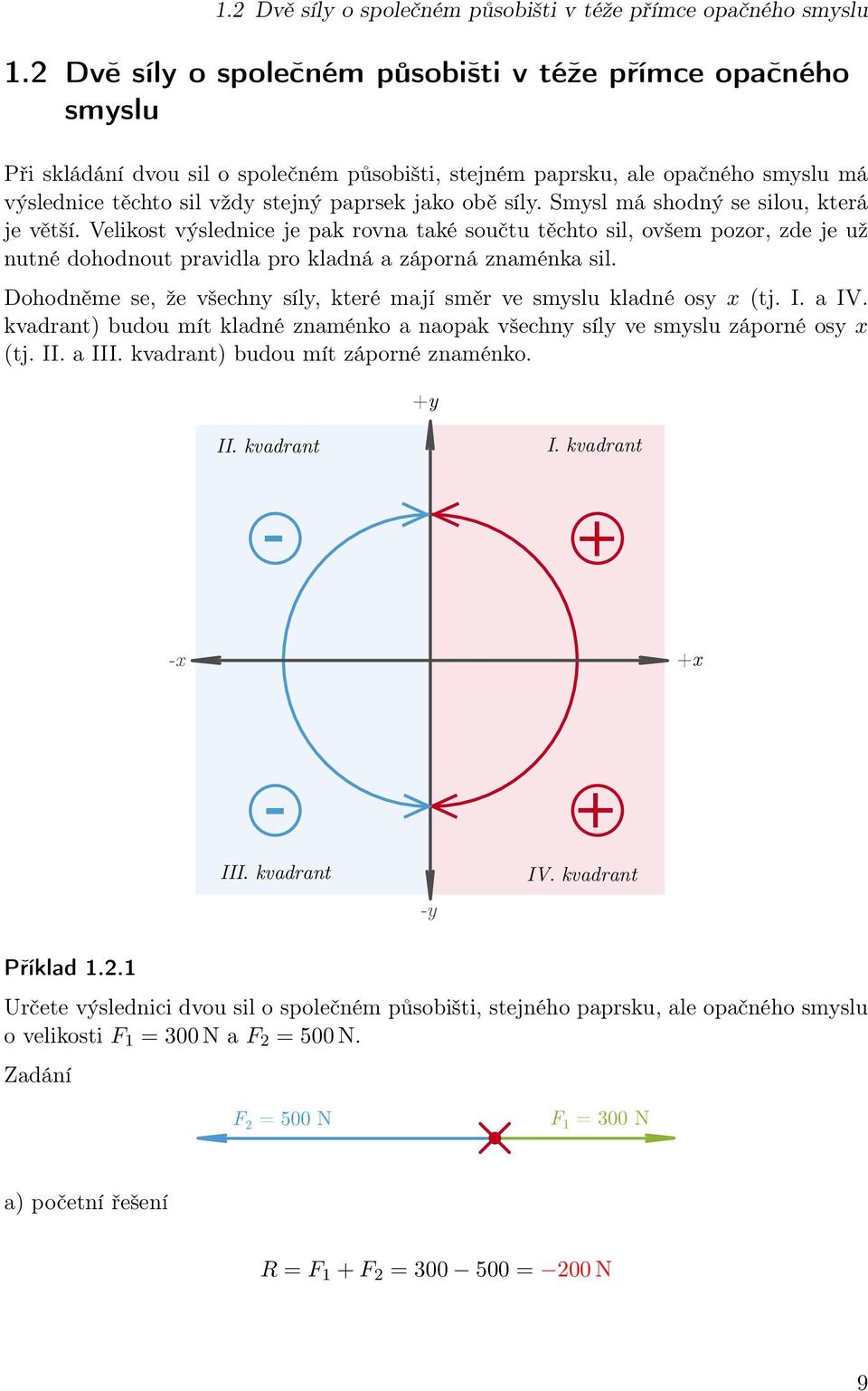 síly. Smysl má shodný se silou, která je větší. Velikost výslednice je pak rovna také součtu těchto sil, ovšem pozor, zde je už nutné dohodnout pravidla pro kladná a záporná znaménka sil.