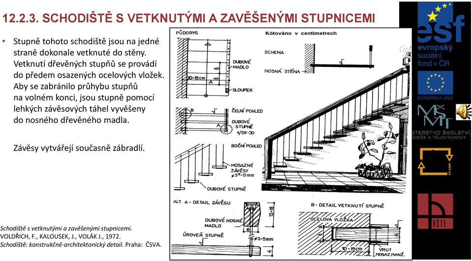 Aby se zabránilo průhybu stupňů na volném konci, jsou stupně pomocí lehkých závěsových táhel vyvěšeny do nosného dřevěného madla.