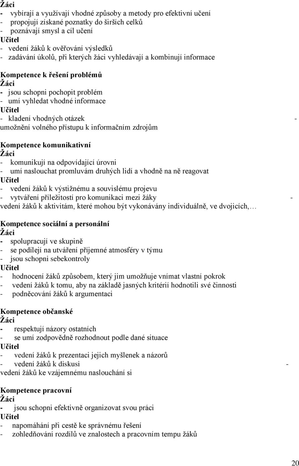 umožnění volného přístupu k informačním zdrojům - Kompetence komunikativní Žáci - komunikují na odpovídající úrovni - umí naslouchat promluvám druhých lidí a vhodně na ně reagovat Učitel - vedení