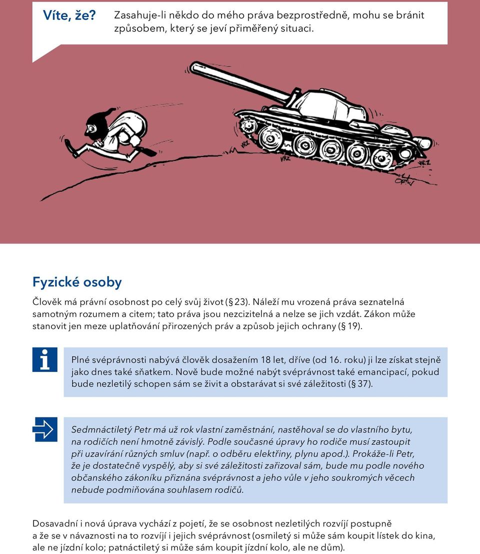 Zákon může stanovit jen meze uplatňování přirozených práv a způsob jejich ochrany ( 19). Plné svéprávnosti nabývá člověk dosažením 18 let, dříve (od 16.