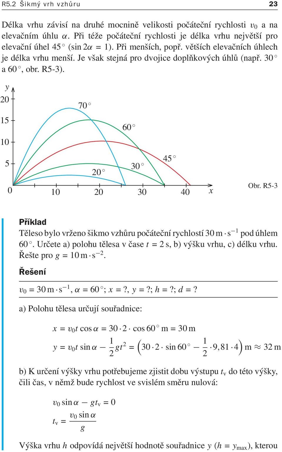 R5-3 Příklad Tělesobylovrženošikmovzhůrupočátečnírychlostí30m s 1 podúhlem 60.Určetea)polohutělesavčase t =2s,b)výškuvrhu,c)délkuvrhu. Řeštepro g=10m s 2. Řešení v 0 =30m s 1, α=60 ; x=?, y=?; h=?
