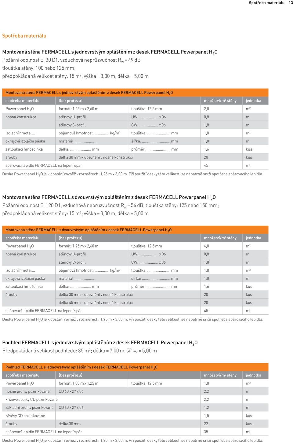 [bez prořezu] množství/m 2 stěny jednotka Powerpanel H 2 O formát: 1,25 m x 2,60 m tloušťka: 12,5 mm 2,0 m2 nosná konstrukce stěnový U-profil UW... x 06 0,8 m stěnový C-profil CW.