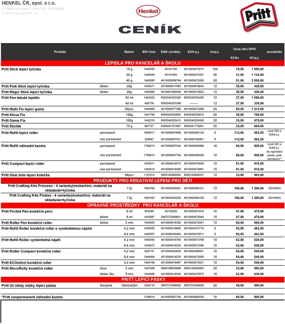 LEPIDLA PRO KANCELÁŘ A ŠKOLU Pritt Stick lepicí tyčinka 10 g 1445093 40151793 4015000475273 100 18,50 1 850,00 Kč/ks Kč/p.j.