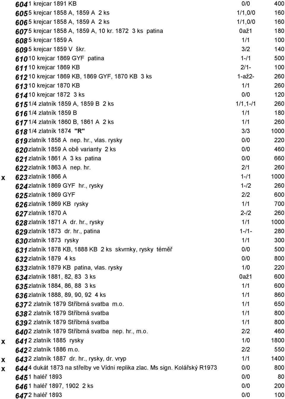 3/2 140 610 10 krejcar 1869 GYF patina 1-/1 500 611 10 krejcar 1869 KB 2/1-100 612 10 krejcar 1869 KB, 1869 GYF, 1870 KB 3 ks 1-až2-260 613 10 krejcar 1870 KB 1/1 260 614 10 krejcar 1872 3 ks 0/0 120