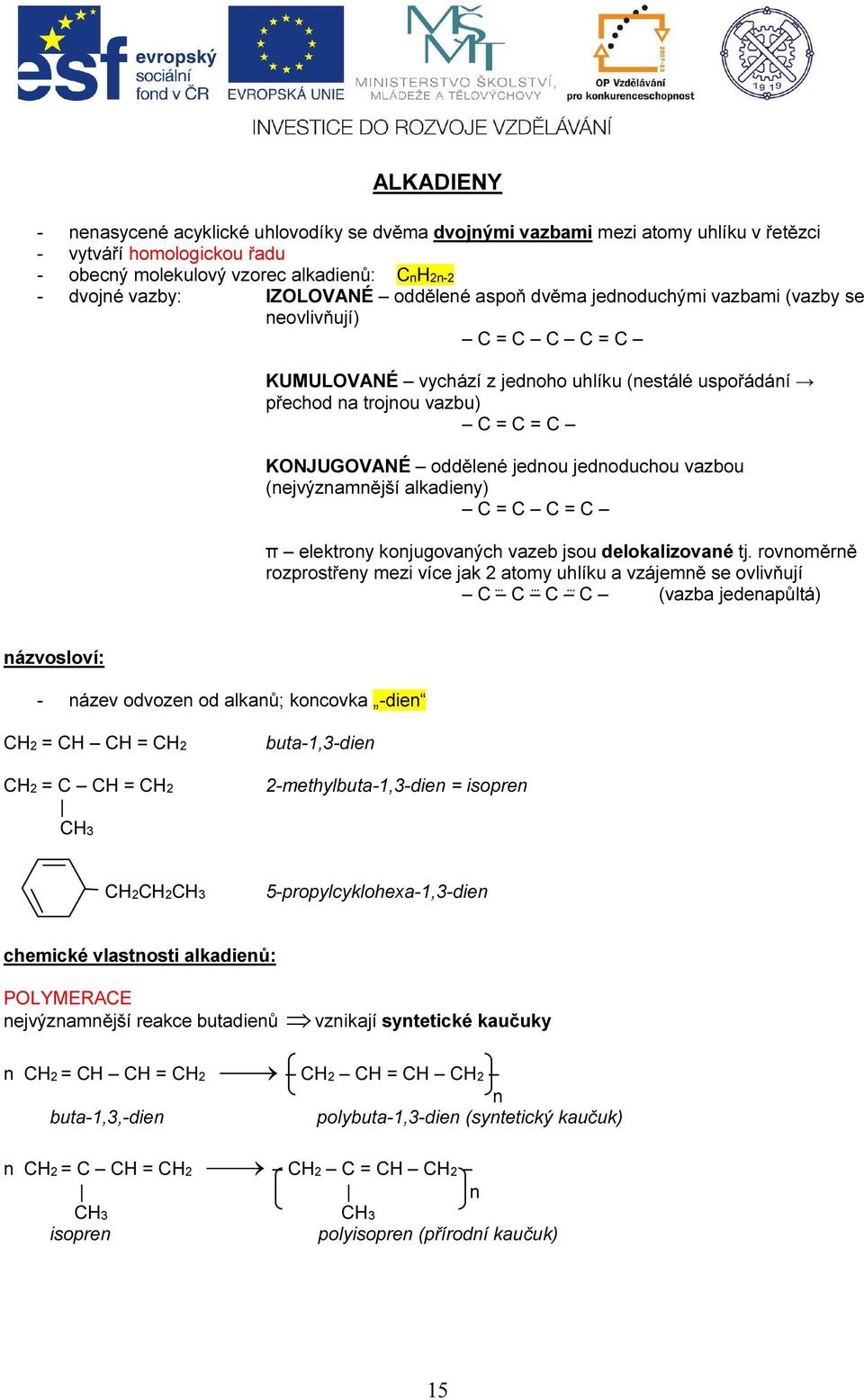 jednoduchou vazbou (nejvýznamnější alkadieny) C = C C = C π elektrony konjugovaných vazeb jsou delokalizované tj.