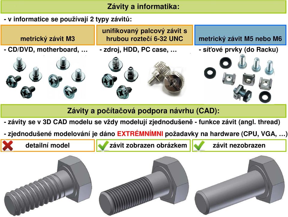 počítačová podpora návrhu (CAD): - závity se v 3D CAD modelu se vždy modelují zjednodušeně - funkce závit (angl.