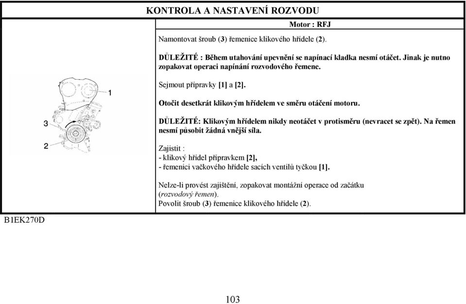 DŮLEŽITÉ: Klikovým hřídelem nikdy neotáčet v protisměru (nevracet se zpět). Na řemen nesmí působit žádná vnější síla.