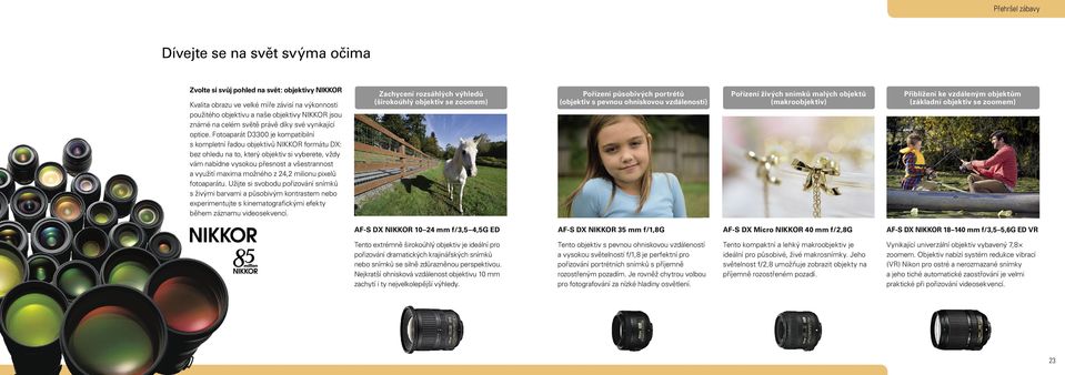 Fotoaparát D3300 je kompatibilní s kompletní řadou objektivů NIKKOR formátu DX: bez ohledu na to, který objektiv si vyberete, vždy vám nabídne vysokou přesnost a všestrannost a využití maxima možného