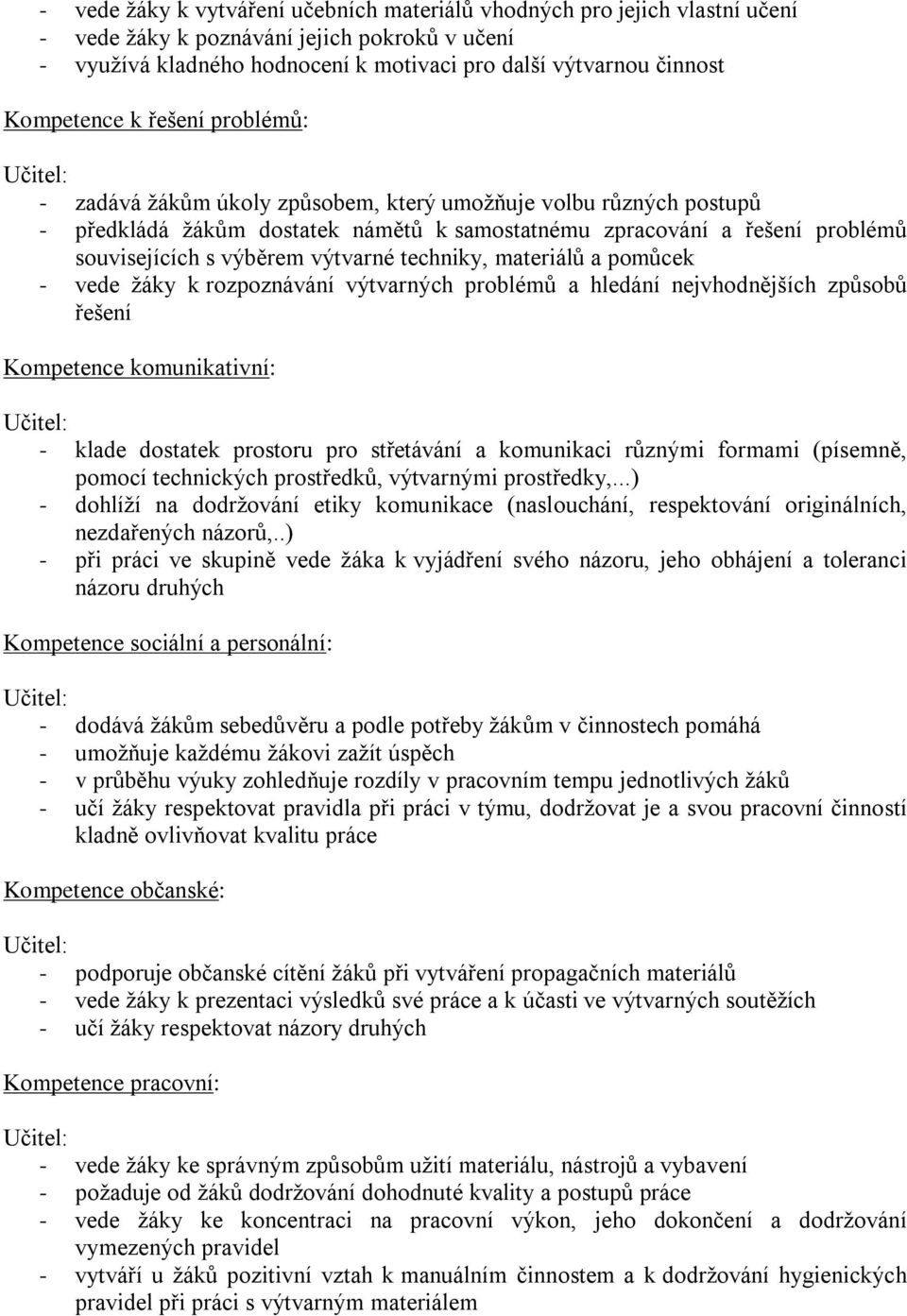 výtvarné techniky, materiálů a pomůcek - vede žáky k rozpoznávání výtvarných problémů a hledání nejvhodnějších způsobů řešení Kompetence komunikativní: - klade dostatek prostoru pro střetávání a