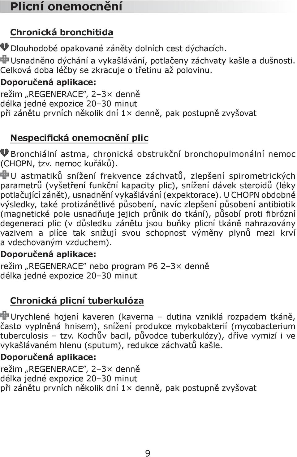 při zánětu prvních několik dní 1 denně, pak postupně zvyšovat Nespecifická onemocnění plic Bronchiální astma, chronická obstrukční bronchopulmonální nemoc (CHOPN, tzv. nemoc kuřáků).