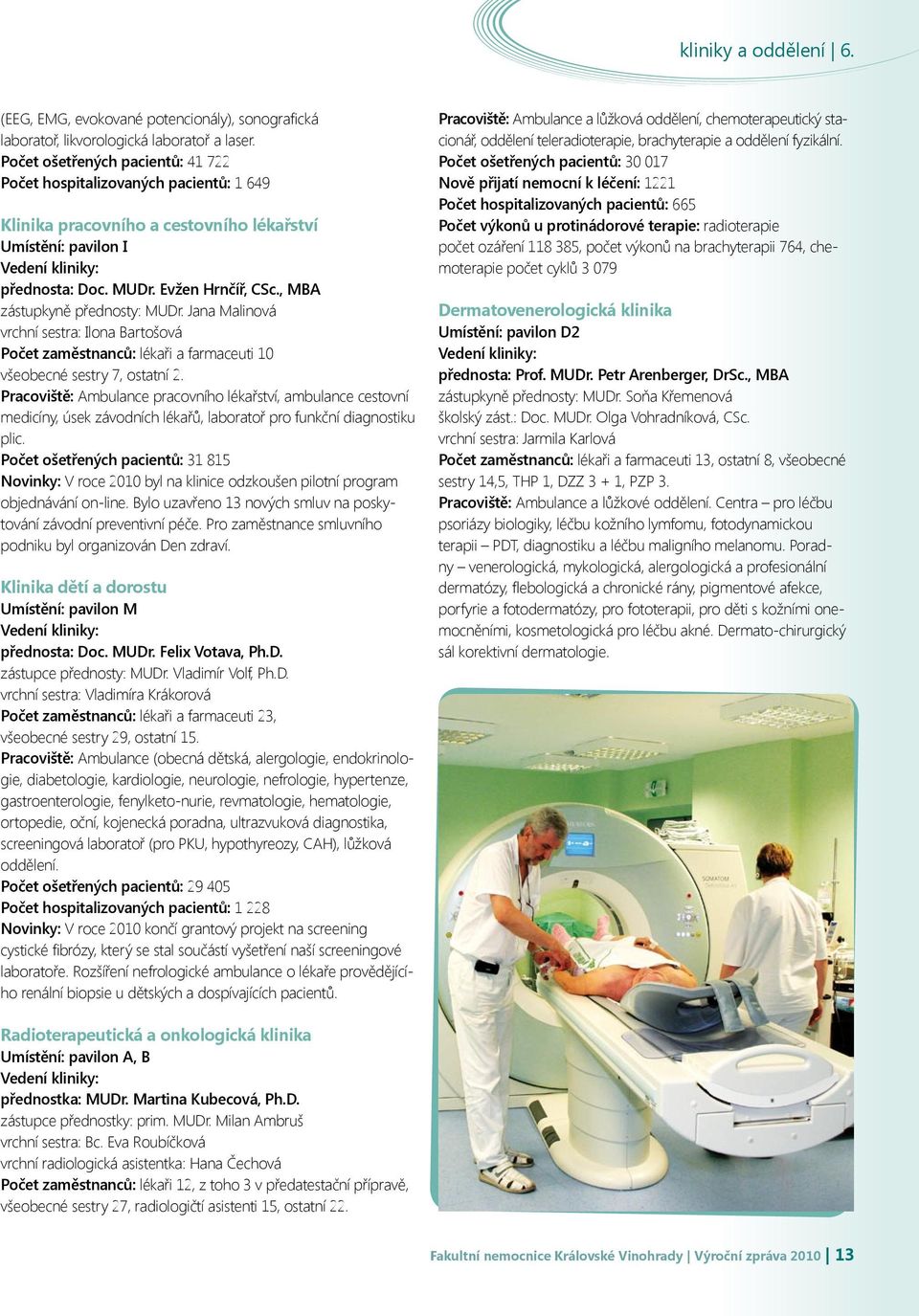, MBA zástupkyně přednosty: MUDr. Jana Malinová vrchní sestra: Ilona Bartošová Počet zaměstnanců: lékaři a farmaceuti 10 všeobecné sestry 7, ostatní 2.