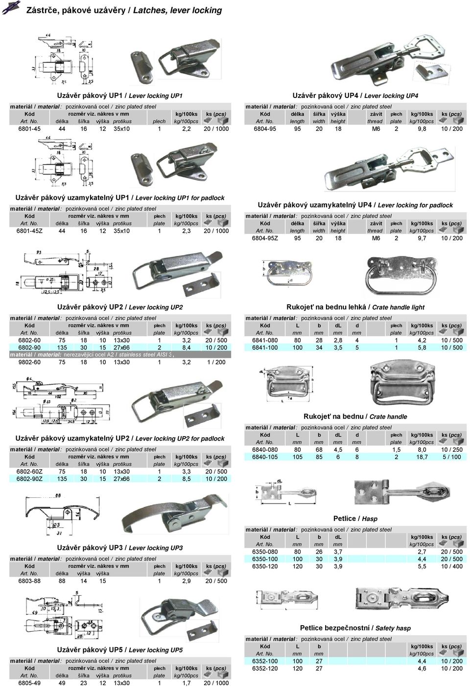 length width height thread plate kg/100pcs 6801-45 44 16 12 35x10 1 2,2 20 / 1000 6804-95 95 20 18 M6 2 9,8 10 / 200 Uzávěr pákový uzamykatelný UP1 / Lever locking UP1 for padlock Uzávěr pákový