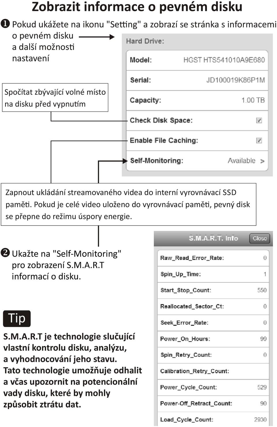 Pokud je celé video uloženo do vyrovnávací pamě, pevný disk se přepne do režimu úspory energie. Ukažte na "Self-Monitoring" pro zobrazení S.M.A.R.