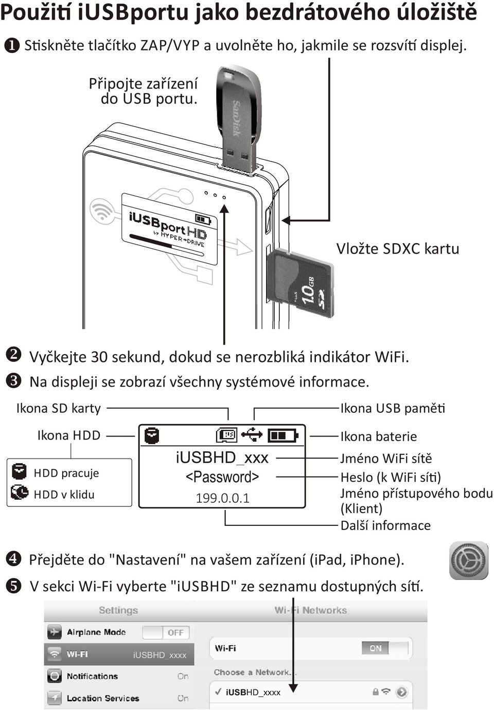 Ikona SD karty Ikona HDD HDD pracuje HDD v klidu iusbhd_xxx <Password> 199.0.