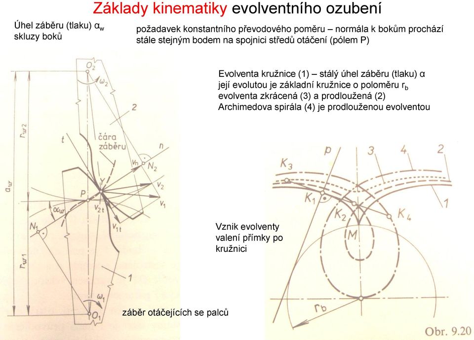 stálý úhel záběru (tlaku) α její evolutou je základní kružnice o poloměru r b evolventa zkrácená (3) a prodloužená