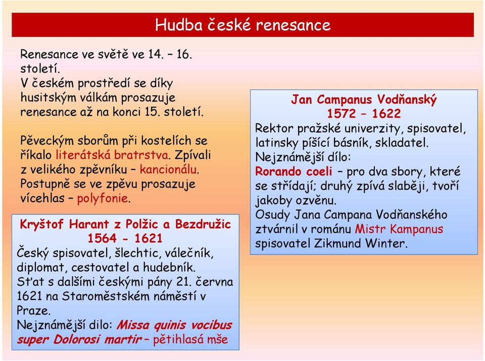 Kryštof Harant z Polžic a Bezdružic 1564-1621 Český spisovatel, šlechtic, válečník, diplomat, cestovatel a hudebník. Sťat s dalšími českými pány 21. června 1621 na Staroměstském náměstí v Praze.