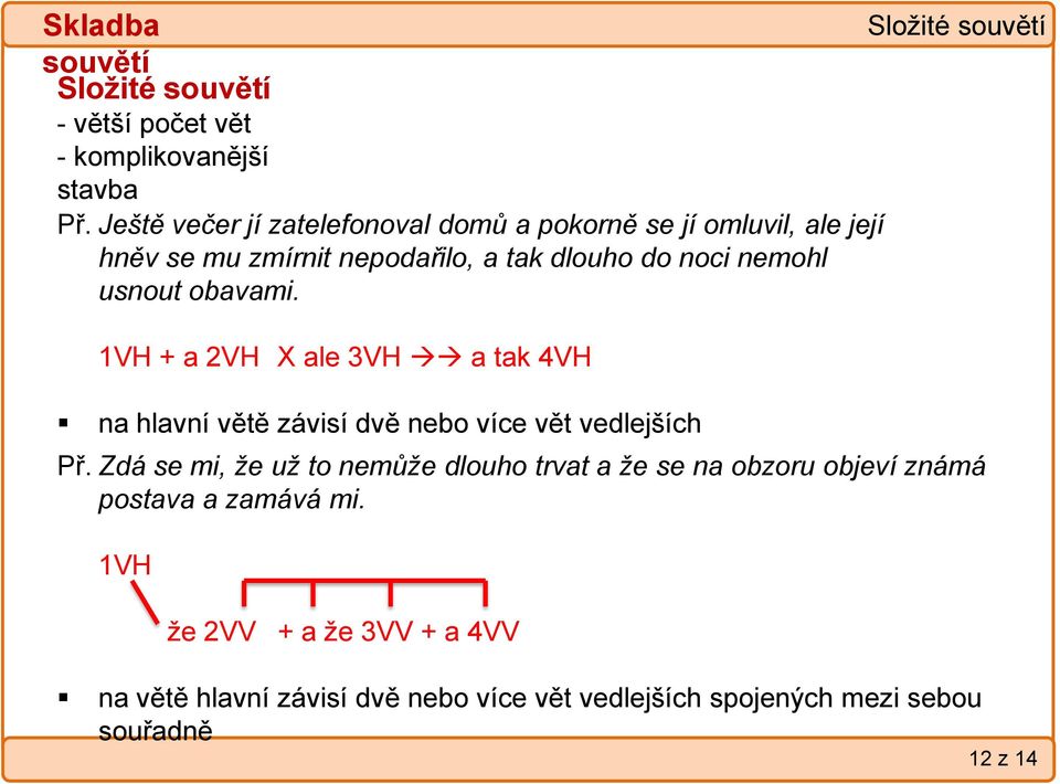 nemohl usnout obavami. 1VH + a 2VH X ale 3VH a tak 4VH na hlavní větě závisí dvě nebo více vět vedlejších Složité Př.